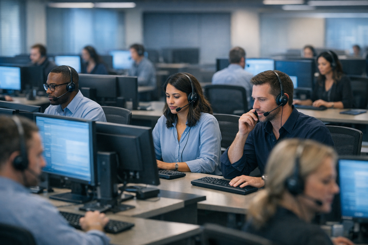 Call Center Desk with Digital Screens and Laptops